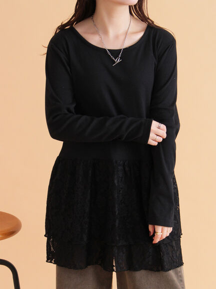 裾レースカットソー（オフホワイト/ブラック/キナリ）｜ehka sopo（エヘカソポ）通販