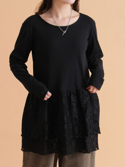 裾レースカットソー（オフホワイト/ブラック/キナリ）｜ehka sopo（エヘカソポ）通販