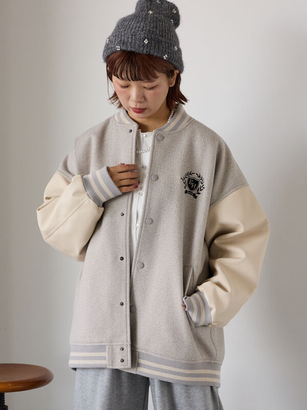 超美品 ベータ/β 異素材MIXスタジャン 9号 M 約6.6万円 送料込み セール】 ビッグシルエットスタジャン（グレー/ベージュ/ネイビー