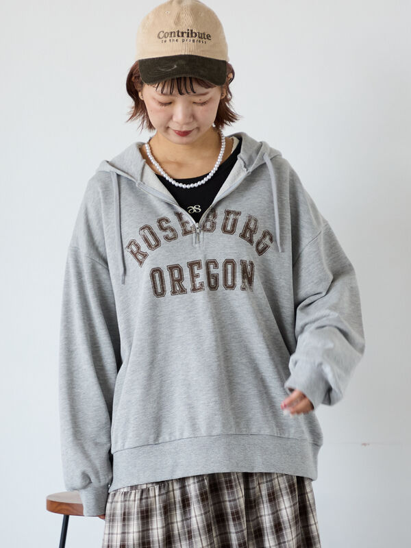 ハーフジッププリントパーカー（グレー/ベージュ/ネイビー/トップス