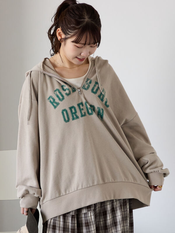 セール】 ハーフジッププリントパーカー（グレー/ベージュ/ネイビー