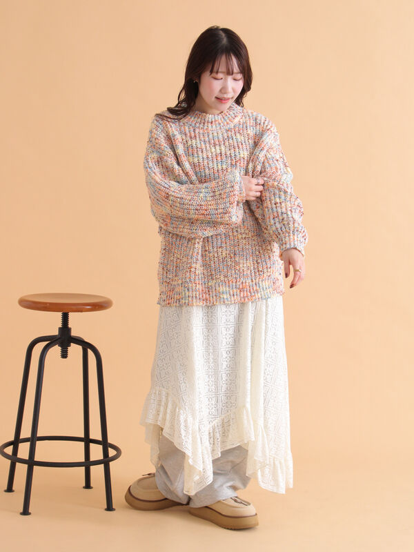 セール】 カラーネップモックネックニット（グレー/オレンジ/キナリ