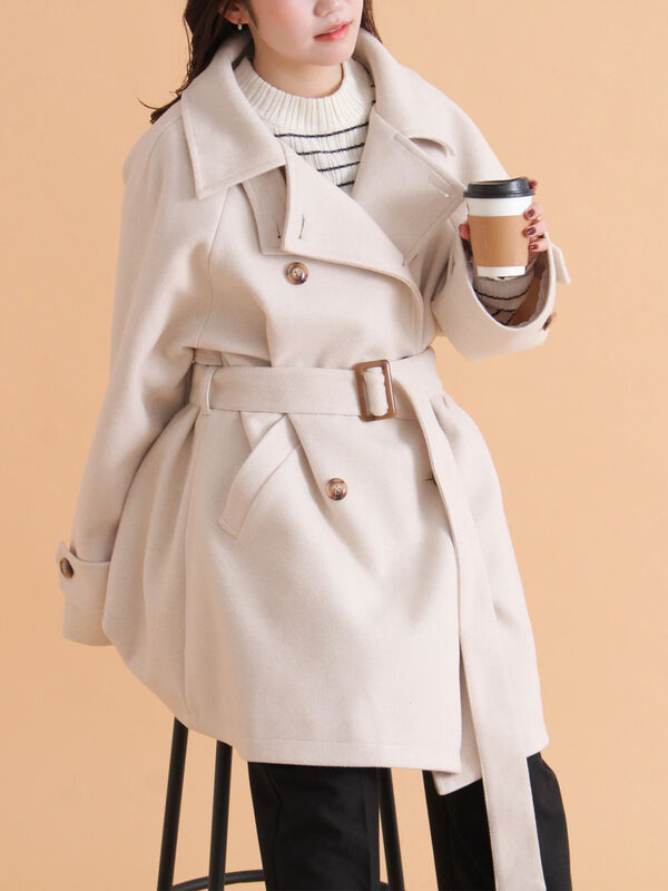 セール】 ベルト付スタンドカラーコート（チャコールグレー/モカ