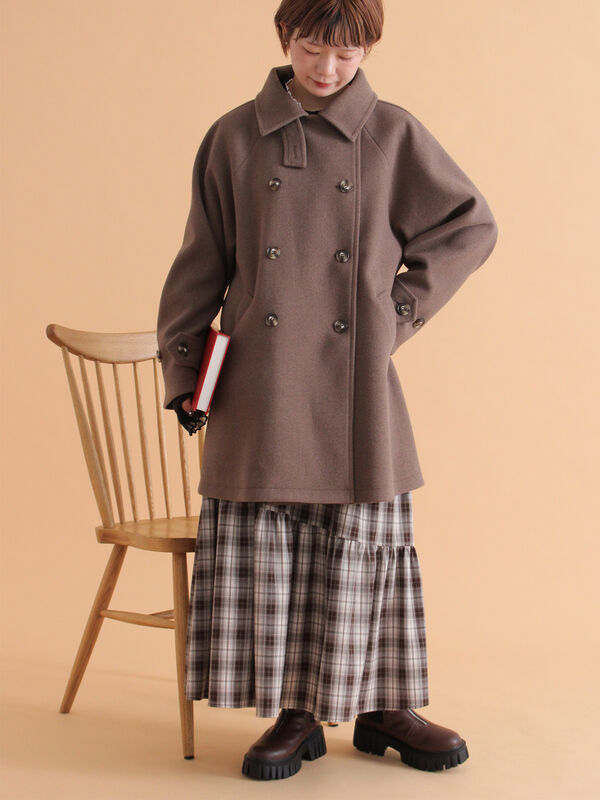 セール】 ベルト付スタンドカラーコート（チャコールグレー/モカ
