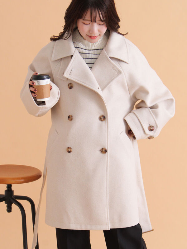 セール】 ベルト付スタンドカラーコート（チャコールグレー/モカ