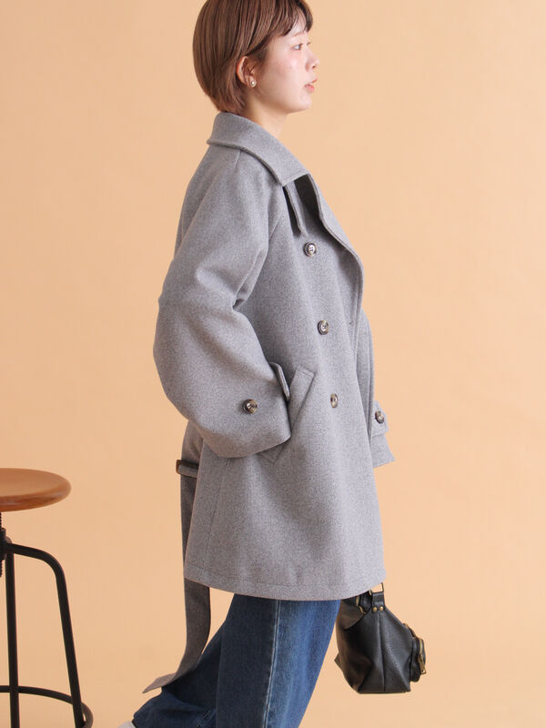 セール】 ベルト付スタンドカラーコート（チャコールグレー/モカ
