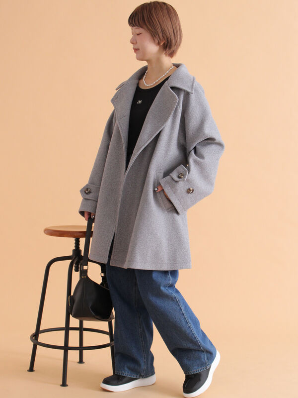 セール】 ベルト付スタンドカラーコート（チャコールグレー/モカ
