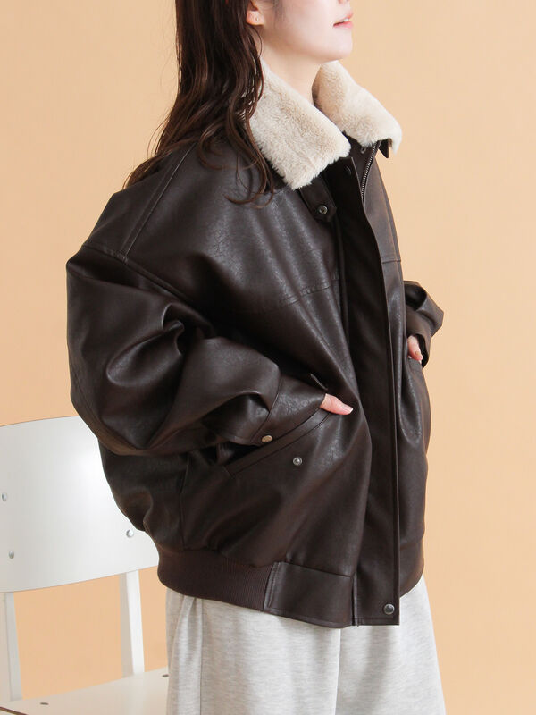 襟ファーフェイクレザージャケット（ブラック/ブラウン/キナリ