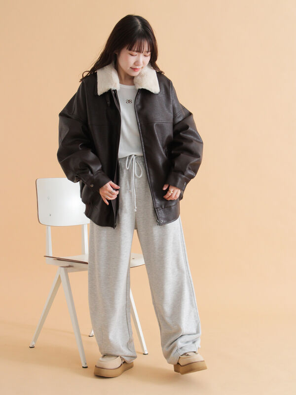 セール】 襟ファーフェイクレザージャケット（ブラック/ブラウン