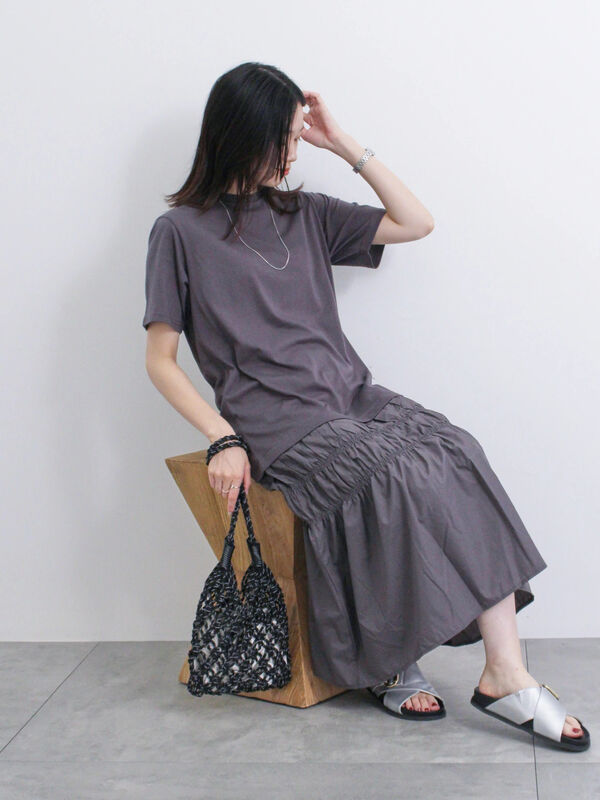 セール】 異素材ドッキングワンピース（チャコールグレー/ブラック 