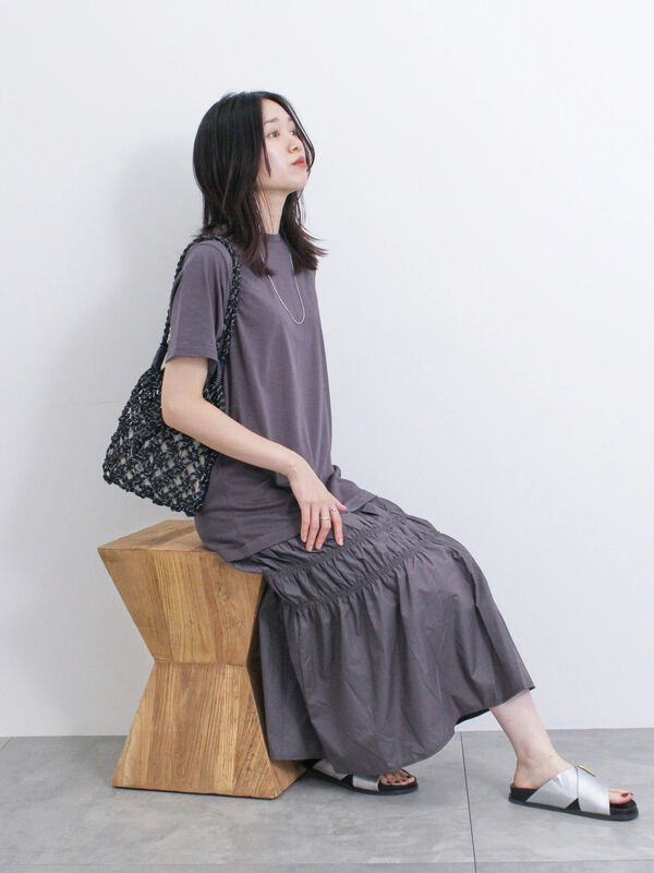 セール】 異素材ドッキングワンピース（チャコールグレー/ブラック 