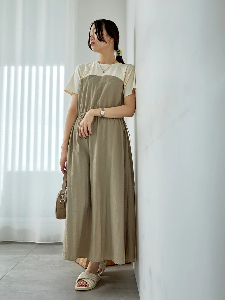 セール】 ◎異素材ドッキングワンピース（チャコールグレー/ブラック  