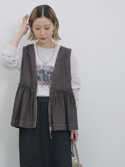 【ECO DENIM】 ペプラムベスト（オフホワイト/チャコールグレー）｜Samansa Mos2 blue（サマンサモスモス ブルー）通販