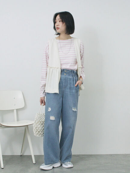 【ECO DENIM】 ペプラムベスト（オフホワイト/チャコールグレー）｜Samansa Mos2 blue（サマンサモスモス ブルー）通販