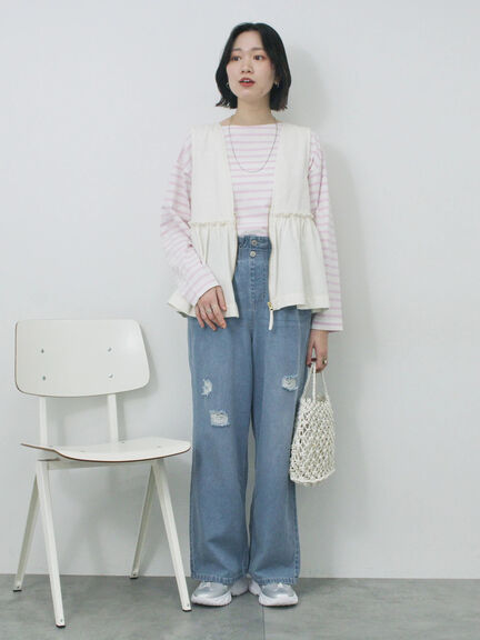 【ECO DENIM】 ペプラムベスト（オフホワイト/チャコールグレー）｜Samansa Mos2 blue（サマンサモスモス ブルー）通販