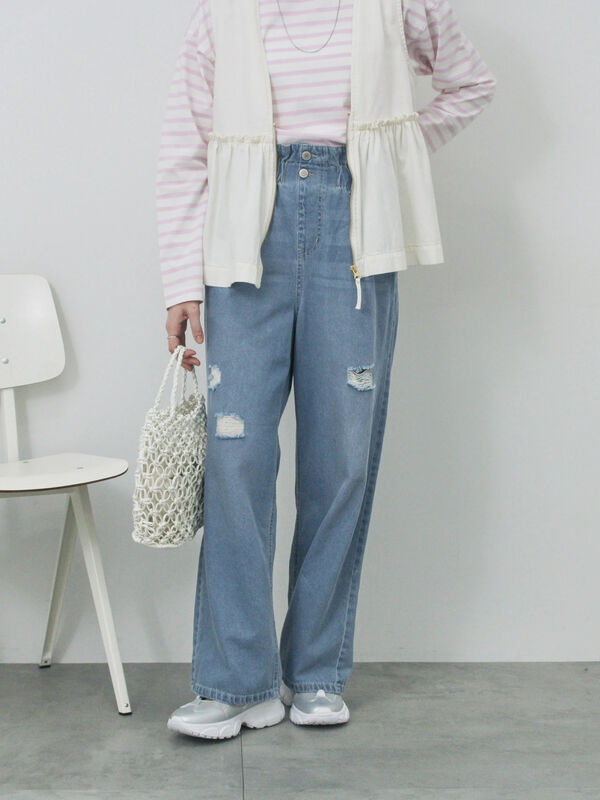 【ECO DENIM】ウエストフリルパンツ（サックスブルー）｜Samansa Mos2 blue（サマンサモスモス ブルー）通販
