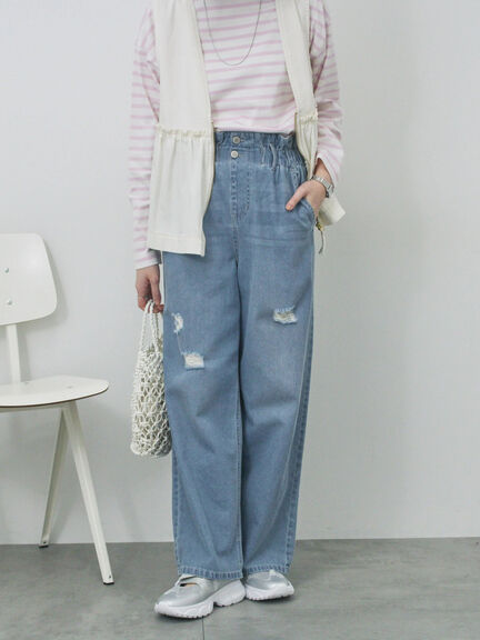 【ECO DENIM】ウエストフリルパンツ（グレー/サックスブルー/ブルー）｜Samansa Mos2 blue（サマンサモスモス ブルー）通販