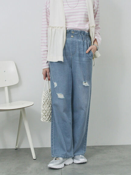 【ECO DENIM】ウエストフリルパンツ（グレー/サックスブルー/ブルー）｜Samansa Mos2 blue（サマンサモスモス ブルー）通販
