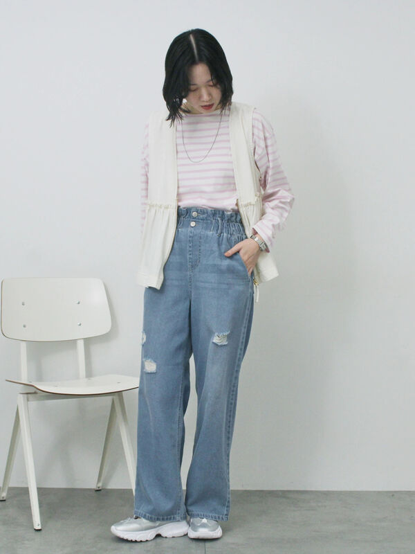セール】 【ECO DENIM】ウエストフリルパンツ（グレー/サックスブルー 