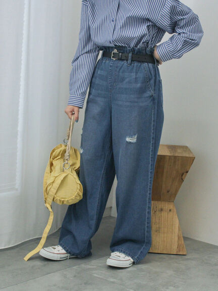 【ECO DENIM】ウエストフリルパンツ（グレー/サックスブルー/ブルー）｜Samansa Mos2 blue（サマンサモスモス ブルー）通販