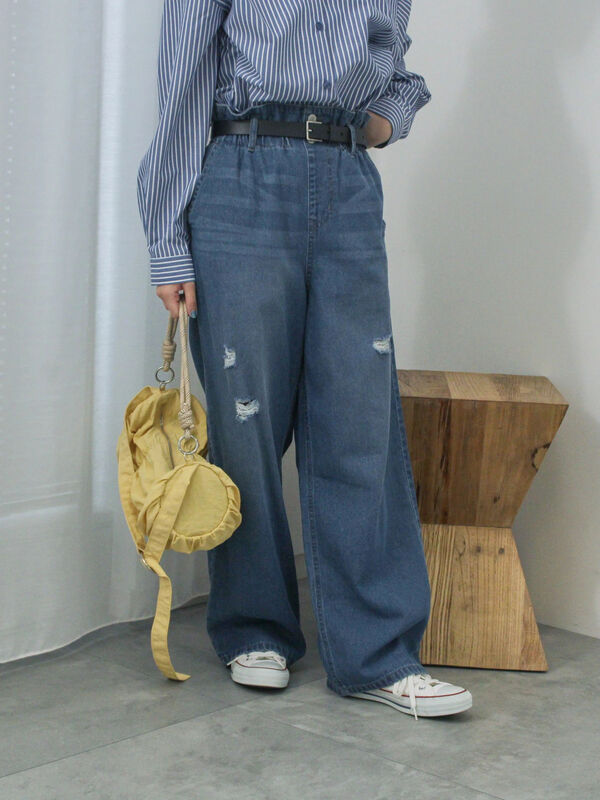 セール】 【ECO DENIM】ウエストフリルパンツ（グレー/サックスブルー 