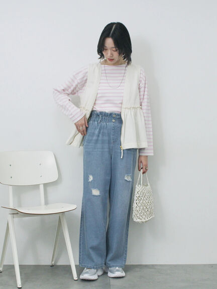 【ECO DENIM】ウエストフリルパンツ（グレー/サックスブルー/ブルー）｜Samansa Mos2 blue（サマンサモスモス ブルー）通販