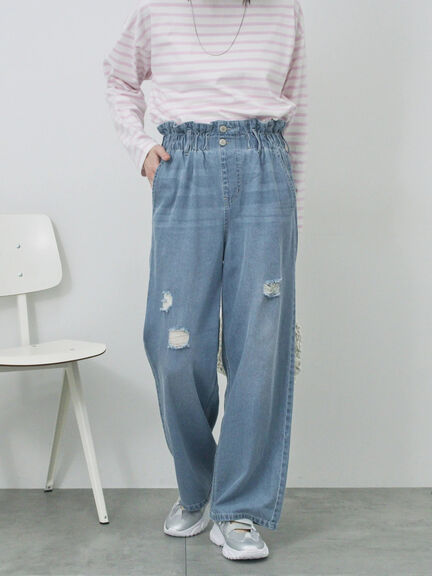 【ECO DENIM】ウエストフリルパンツ（グレー/サックスブルー/ブルー）｜Samansa Mos2 blue（サマンサモスモス ブルー）通販