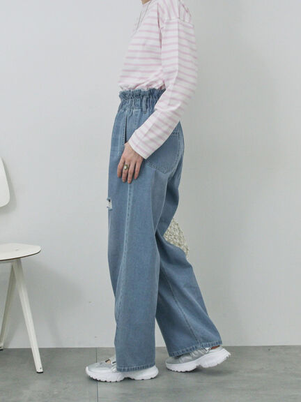 【ECO DENIM】ウエストフリルパンツ（グレー/サックスブルー/ブルー）｜Samansa Mos2 blue（サマンサモスモス ブルー）通販