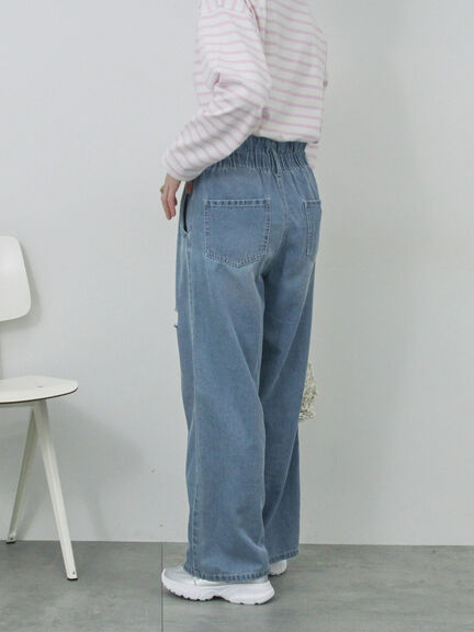 【ECO DENIM】ウエストフリルパンツ（グレー/サックスブルー/ブルー）｜Samansa Mos2 blue（サマンサモスモス ブルー）通販