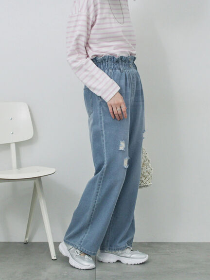 【ECO DENIM】ウエストフリルパンツ（グレー/サックスブルー/ブルー）｜Samansa Mos2 blue（サマンサモスモス ブルー）通販