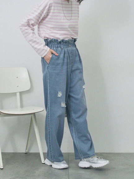 【ECO DENIM】ウエストフリルパンツ（グレー/サックスブルー/ブルー）｜Samansa Mos2 blue（サマンサモスモス ブルー）通販