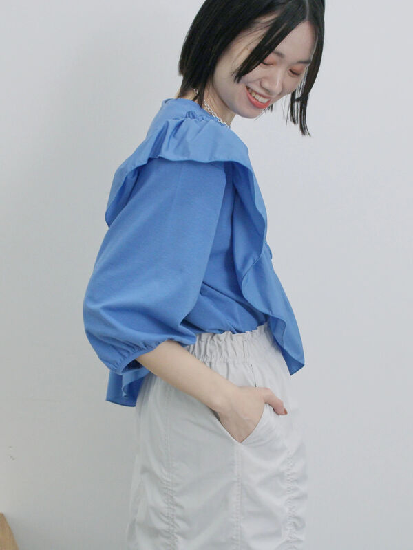 サマンサモスモス カットソー ブラウス プルオーバー ストライプ 長袖 M 紺 セール 7分袖ドッキングフリルプルオーバー（オフホワイト⁄ブラック