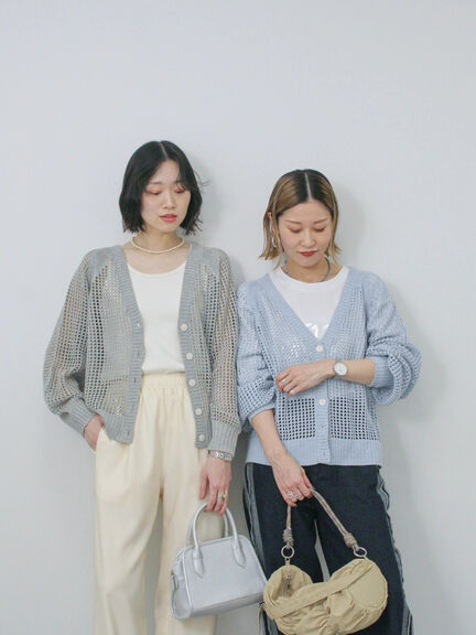 ラメニットメッシュカーディガン（オフホワイト/グレー/サックスブルー）｜Samansa Mos2 blue（サマンサモスモス ブルー）通販