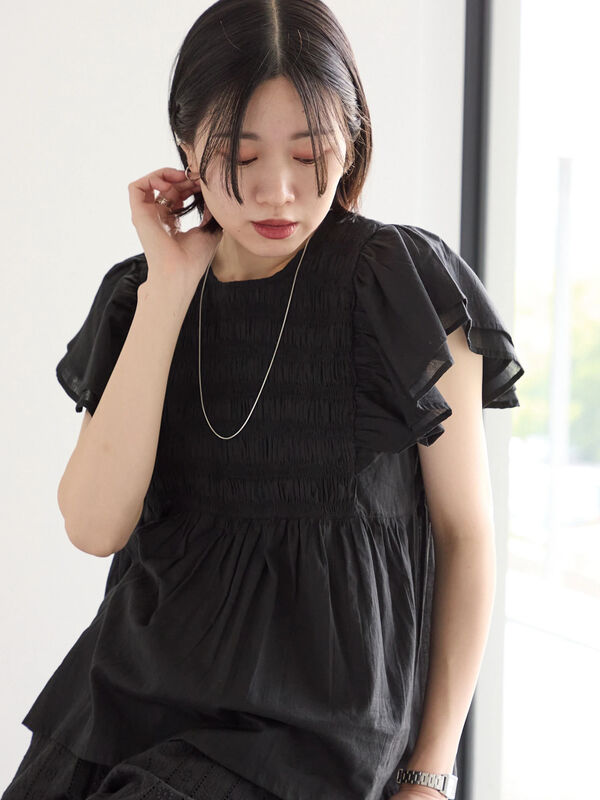 【Made in India】シャーリングブラウス（ブラック）｜Samansa Mos2 blue（サマンサモスモス ブルー）通販
