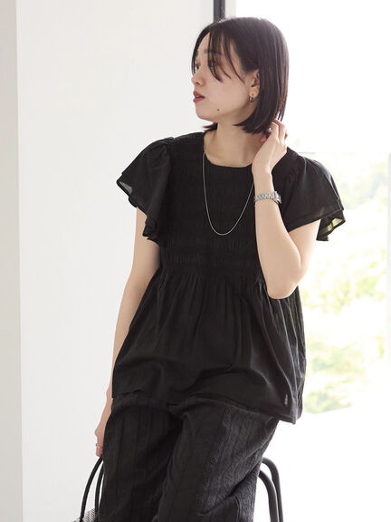 【Made in India】シャーリングブラウス（オフホワイト/ブラック/ブルー）｜Samansa Mos2 blue（サマンサモスモス ブルー）通販