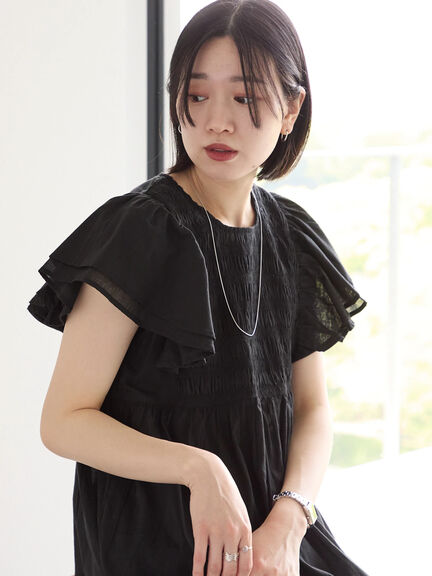 【Made in India】シャーリングブラウス（オフホワイト/ブラック/ブルー）｜Samansa Mos2 blue（サマンサモスモス ブルー）通販