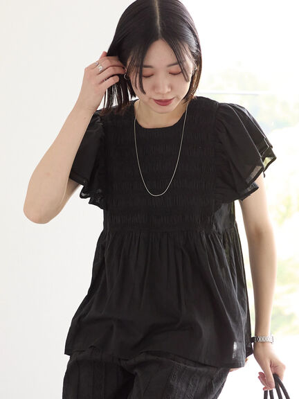 【Made in India】シャーリングブラウス（オフホワイト/ブラック/ブルー）｜Samansa Mos2 blue（サマンサモスモス ブルー）通販