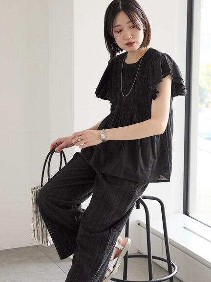 【Made in India】シャーリングブラウス（オフホワイト/ブラック/ブルー）｜Samansa Mos2 blue（サマンサモスモス ブルー）通販