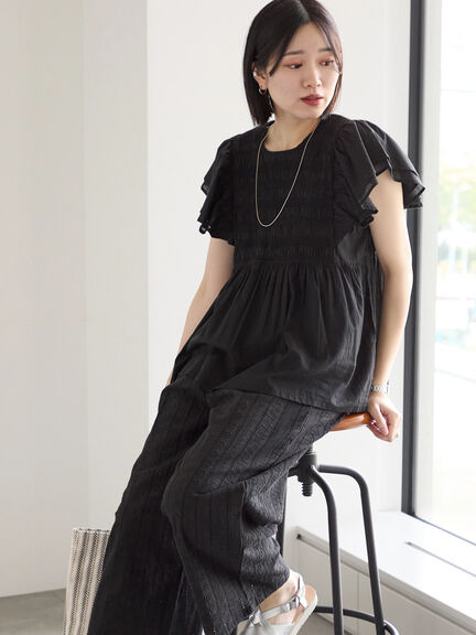 【Made in India】シャーリングブラウス（オフホワイト/ブラック/ブルー）｜Samansa Mos2 blue（サマンサモスモス ブルー）通販