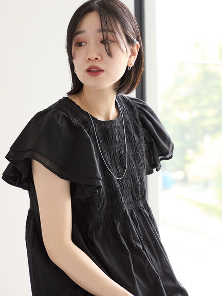 【Made in India】シャーリングブラウス（オフホワイト/ブラック/ブルー）｜Samansa Mos2 blue（サマンサモスモス ブルー）通販