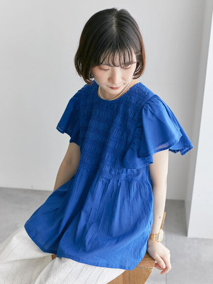【Made in India】シャーリングブラウス（オフホワイト/ブラック/ブルー）｜Samansa Mos2 blue（サマンサモスモス ブルー）通販