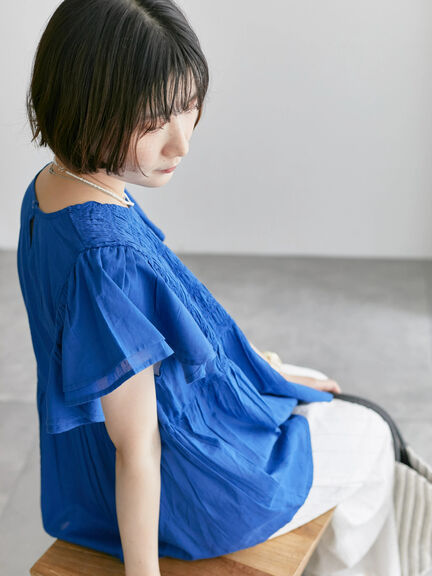 【Made in India】シャーリングブラウス（オフホワイト/ブラック/ブルー）｜Samansa Mos2 blue（サマンサモスモス ブルー）通販