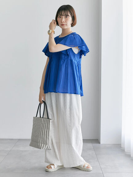 【Made in India】シャーリングブラウス（オフホワイト/ブラック/ブルー）｜Samansa Mos2 blue（サマンサモスモス ブルー）通販