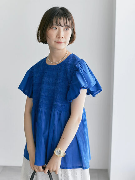 【Made in India】シャーリングブラウス（オフホワイト/ブラック/ブルー）｜Samansa Mos2 blue（サマンサモスモス ブルー）通販