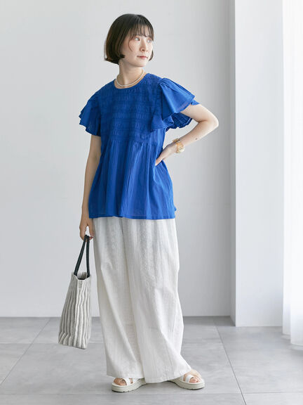 【Made in India】シャーリングブラウス（オフホワイト/ブラック/ブルー）｜Samansa Mos2 blue（サマンサモスモス ブルー）通販