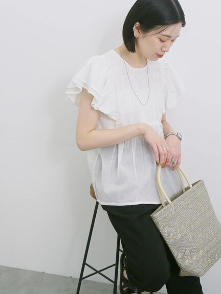 【Made in India】シャーリングブラウス（オフホワイト/ブラック/ブルー）｜Samansa Mos2 blue（サマンサモスモス ブルー）通販