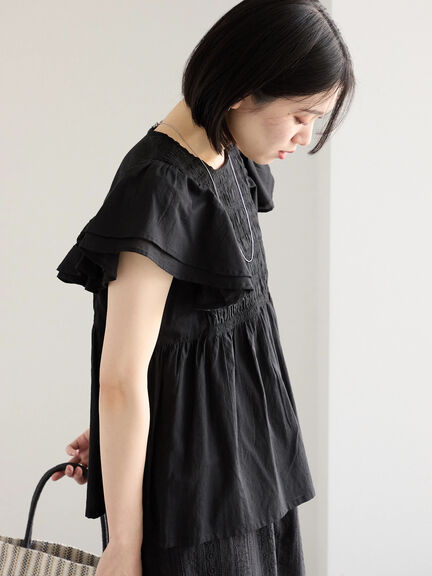 【Made in India】シャーリングブラウス（オフホワイト/ブラック/ブルー）｜Samansa Mos2 blue（サマンサモスモス ブルー）通販