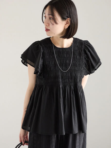 【Made in India】シャーリングブラウス（オフホワイト/ブラック/ブルー）｜Samansa Mos2 blue（サマンサモスモス ブルー）通販
