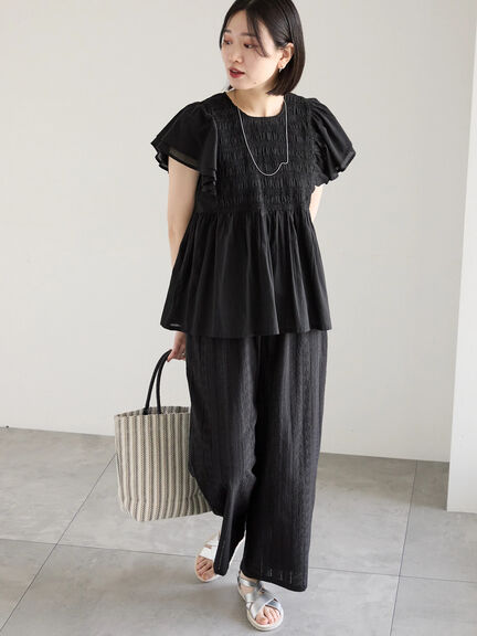 【Made in India】シャーリングブラウス（オフホワイト/ブラック/ブルー）｜Samansa Mos2 blue（サマンサモスモス ブルー）通販