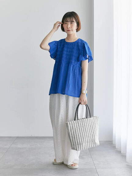 【Made in India】シャーリングブラウス（オフホワイト/ブラック/ブルー）｜Samansa Mos2 blue（サマンサモスモス ブルー）通販
